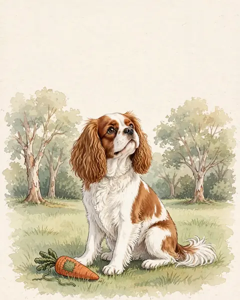 Clementine sits on a sunlit lawn in the late afternoon, a warm patch of sunlight around her, her knitted wool toy carrot (visibly knitted from wool, one leaf mended with green wool) lying at her front paws. Behind her, low and soft, a few huge old trees with pale peeling bark; their tops stay low in the picture.