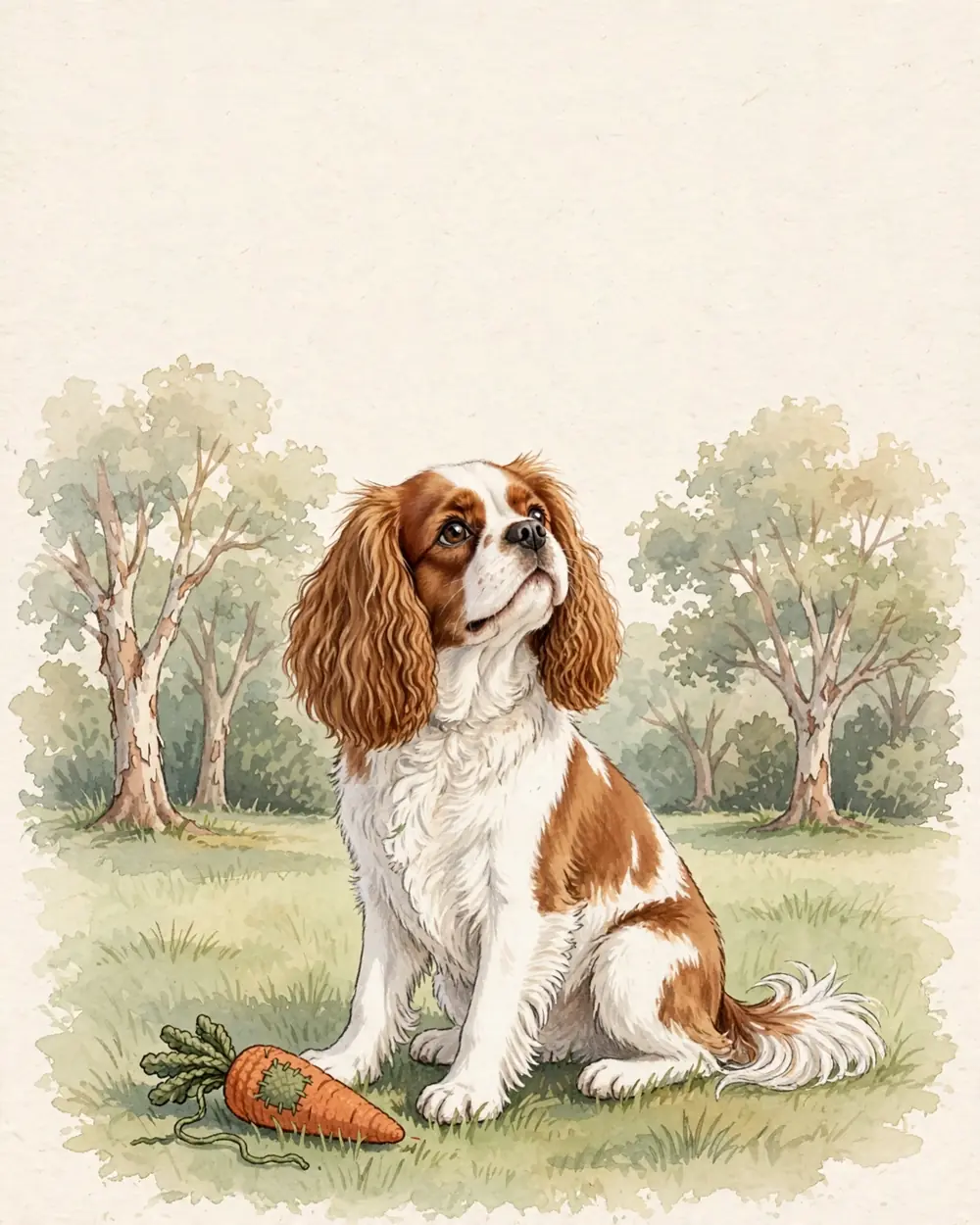 Clementine sits on a sunlit lawn in the late afternoon, a warm patch of sunlight around her, her knitted wool toy carrot (visibly knitted from wool, one leaf mended with green wool) lying at her front paws. Behind her, low and soft, a few huge old trees with pale peeling bark; their tops stay low in the picture.