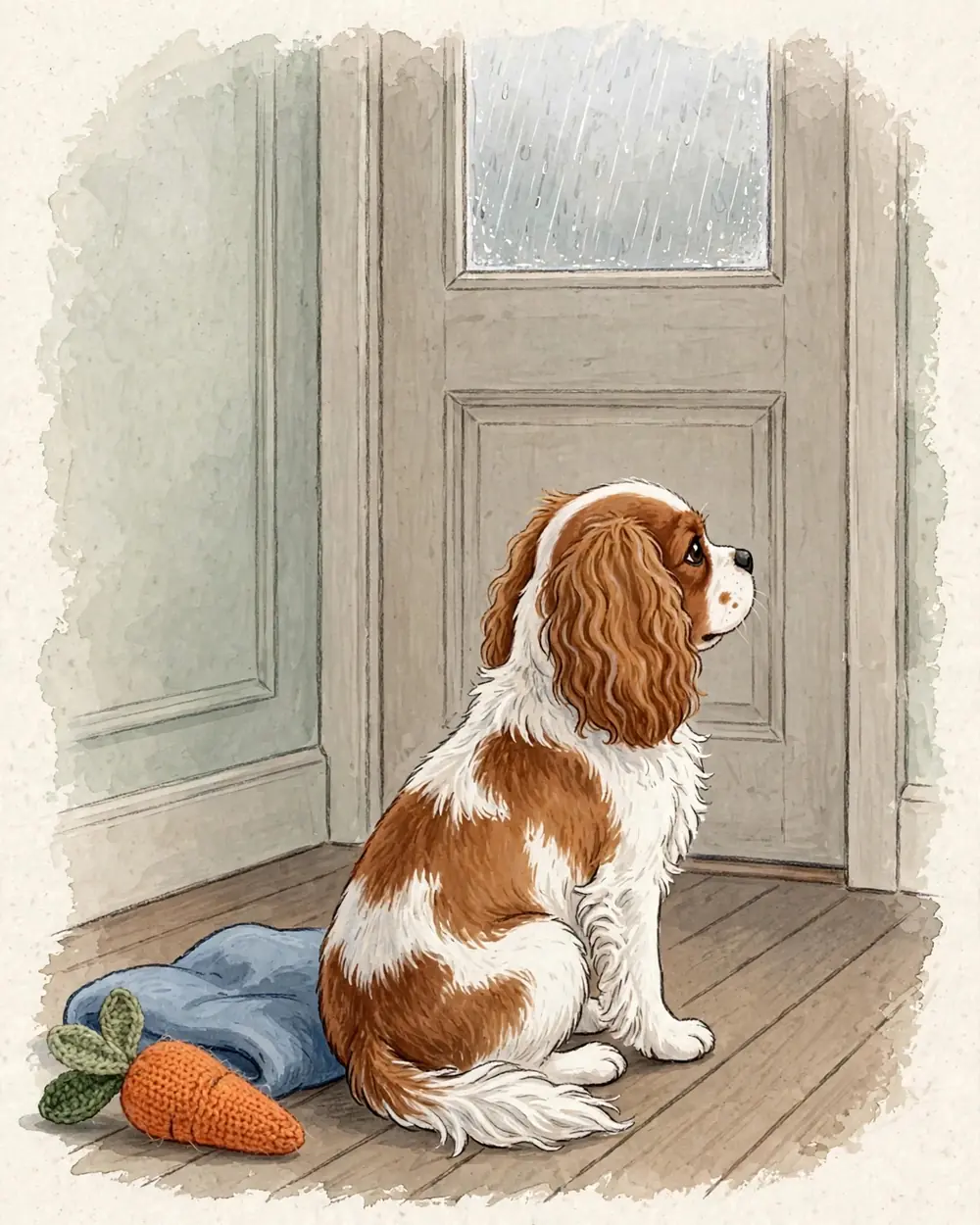A quiet hallway on a rainy afternoon. Clementine sits on a plain wooden floor facing a closed front door with a small frosted glass pane streaked with rain, grey light coming through it. Beside her on the floor lie a folded blue blanket and a knitted orange carrot toy.