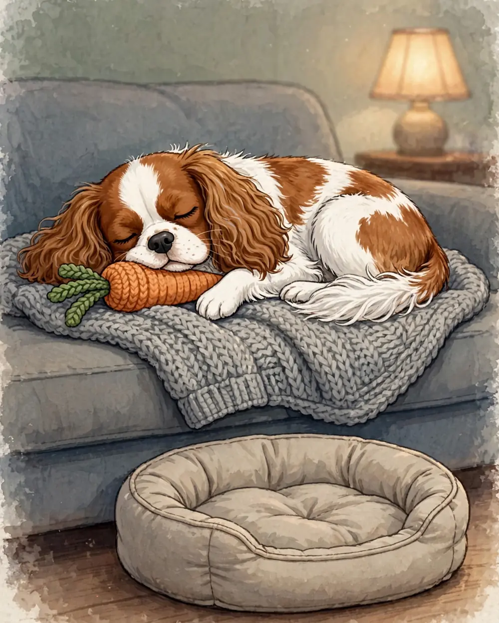 Night, one warm lamp. Clementine is curled up asleep on an old soft grey knitted jumper lying on a sofa cushion, the orange knitted carrot tucked under her chin. On the floor in front of the sofa stands a brand-new round dog bed, empty and plump.
