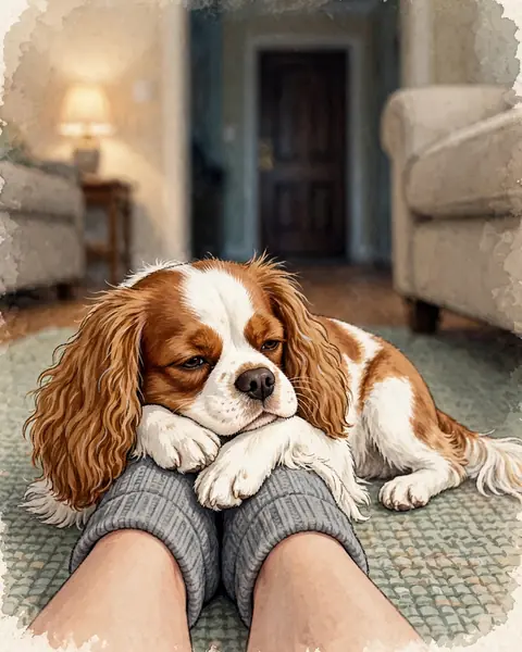 Evening in a living room, warm lamplight. Clementine lies across a woman's two feet in thick grey socks, resting on a rug in front of a sofa. Far in the soft background, the front door of the hallway is dim and quiet.