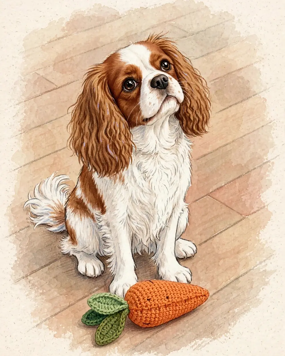 Clementine sits on a plain warm wooden kitchen floor, her knitted orange carrot toy (one leaf of green wool) lying just in front of her paws.