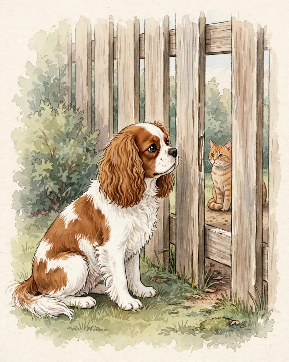 A garden in the afternoon. Clementine sits on the grass on this side of a plain wooden garden fence made of vertical boards with narrow gaps between them. Through one gap, on the far side, an old ginger cat is visible, sitting and looking back.