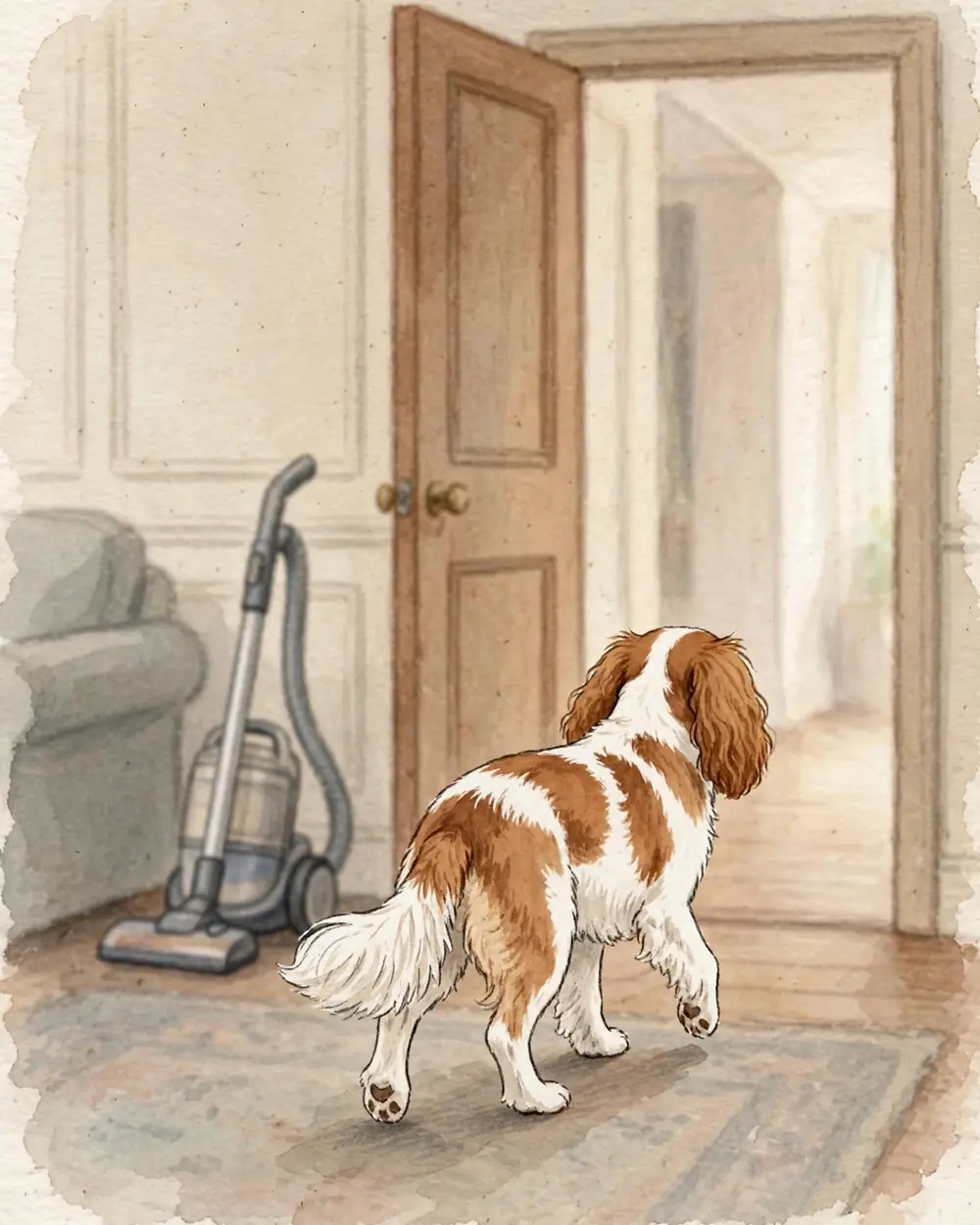 A living room. Clementine walks calmly out through an open doorway into a hallway. Behind her, standing on the rug in the room, is an upright vacuum cleaner, painted plainly and quietly.