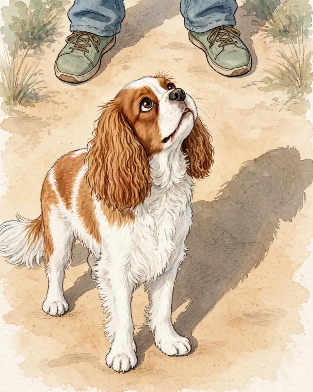 A warm sandy path in bright sun. Clementine stands on the sand; her own dark shadow lies long and clear on the sand beside her. A person's legs in jeans and walking shoes stand beside her.