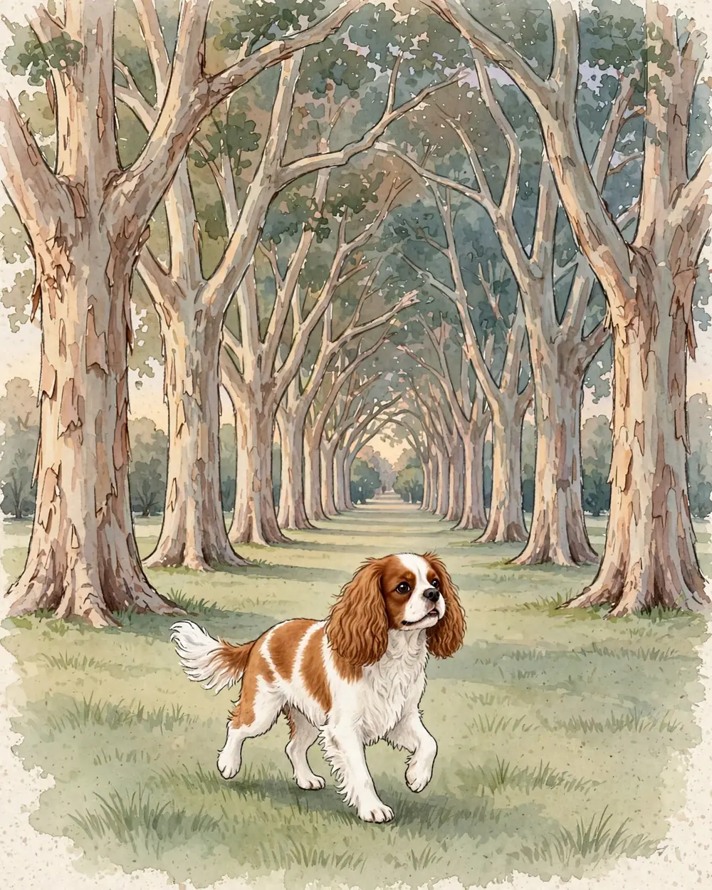 Early evening in a park: an avenue of huge old trees with pale, peeling, papery bark and sweeping trunks, a soft grass lawn between them, warm low light. Clementine trots along the lawn between the trees.