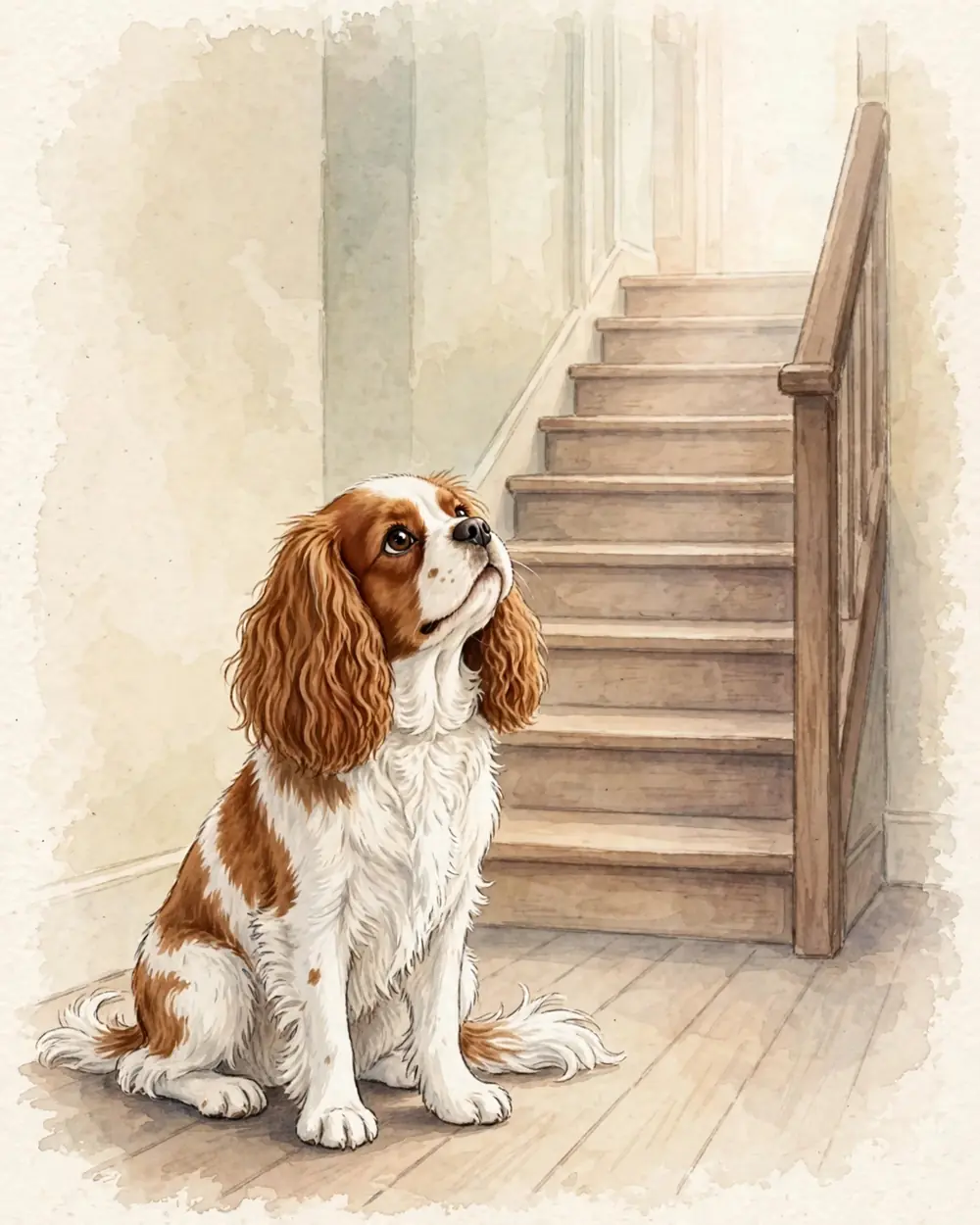Early morning light in a hallway. Clementine sits on the floor at the bottom of a plain wooden staircase, looking up the stairs. The top of the stairs is soft and bright.