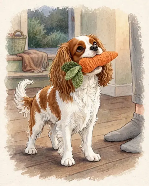 Early evening, warm light. Clementine stands on a wooden floor in front of a woman's feet in grey socks, holding her knitted orange carrot toy (one leaf mended with green wool) in her mouth.