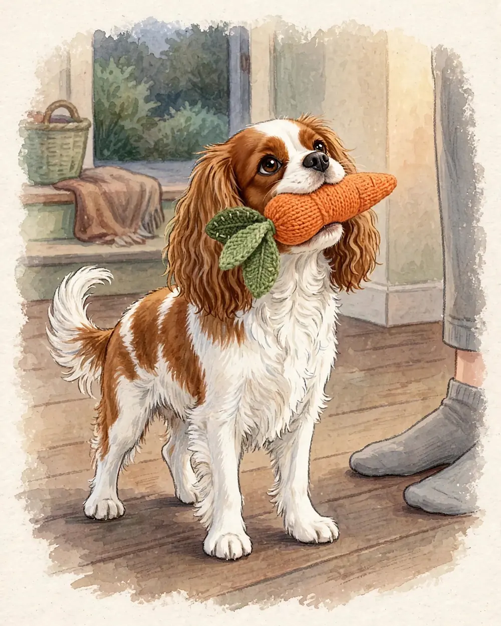 Early evening, warm light. Clementine stands on a wooden floor in front of a woman's feet in grey socks, holding her knitted orange carrot toy (one leaf mended with green wool) in her mouth.
