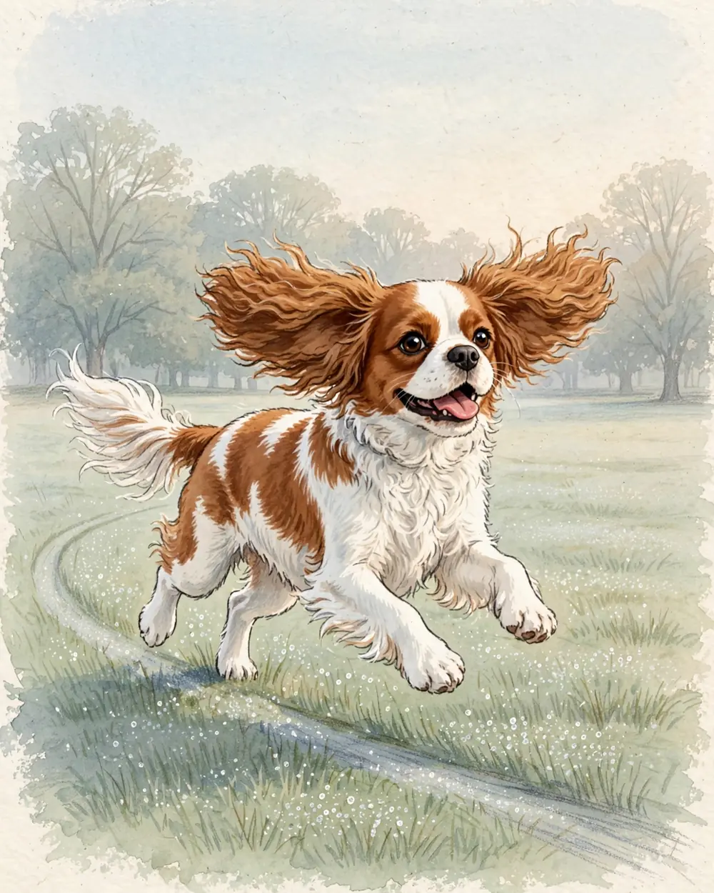 Early morning on a big empty lawn, the grass silver with dew, soft pale sunrise light, the avenue of old trees far and hazy behind. Clementine runs across the lawn, leaving a faint curved trail in the dew.