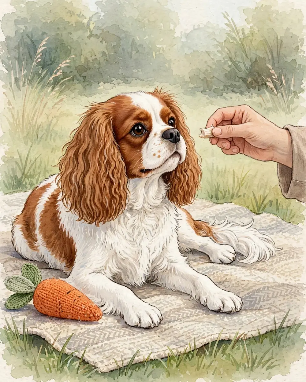 Morning sun on a picnic blanket spread on a lawn. Clementine lies on the blanket with her knitted orange carrot beside her. A person's hand reaches in from the edge of the frame holding out one tiny piece of chicken.