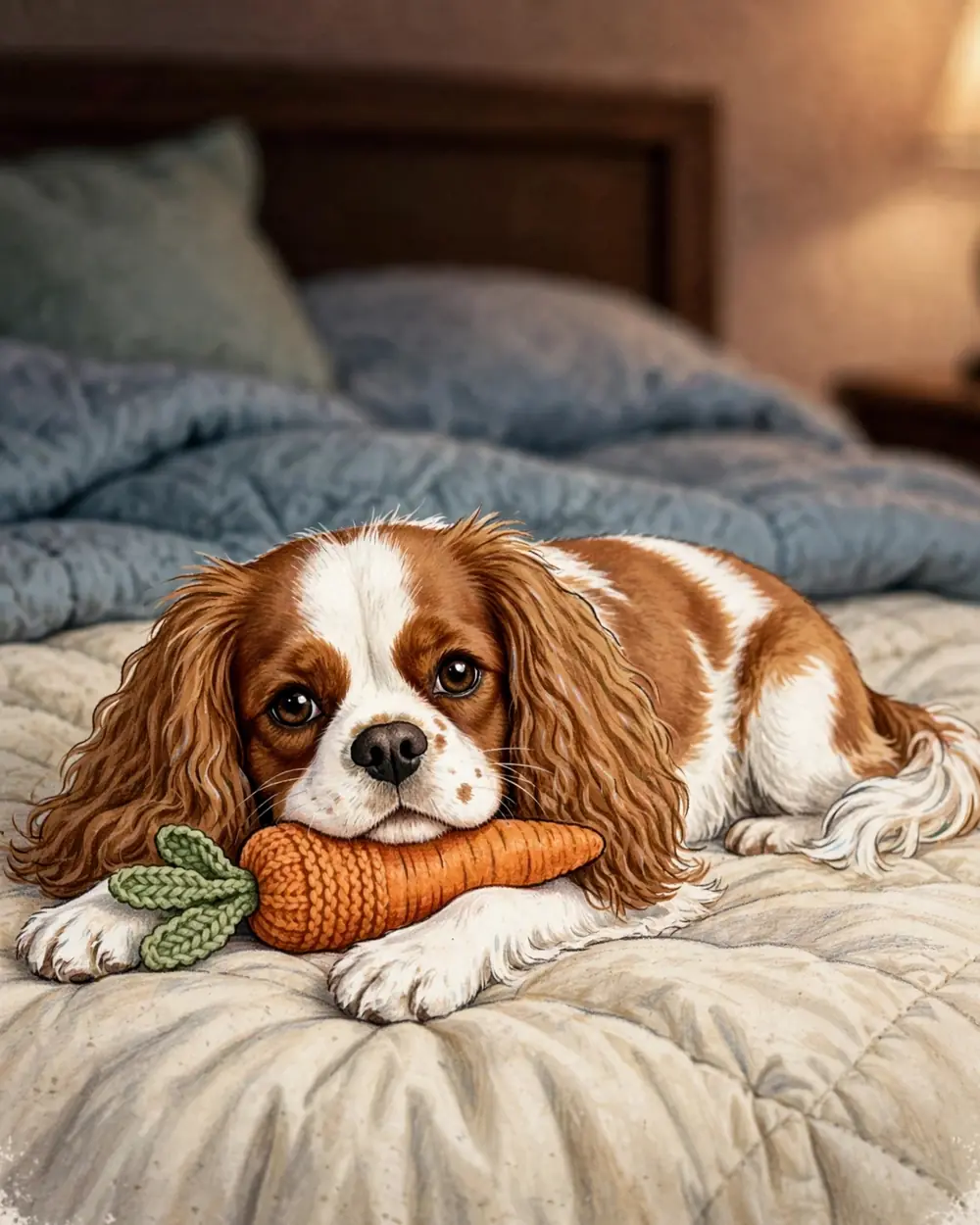Night, warm bedside lamplight. Clementine lies at the foot of a bed on a soft pale quilt, her knitted orange carrot under her chin.