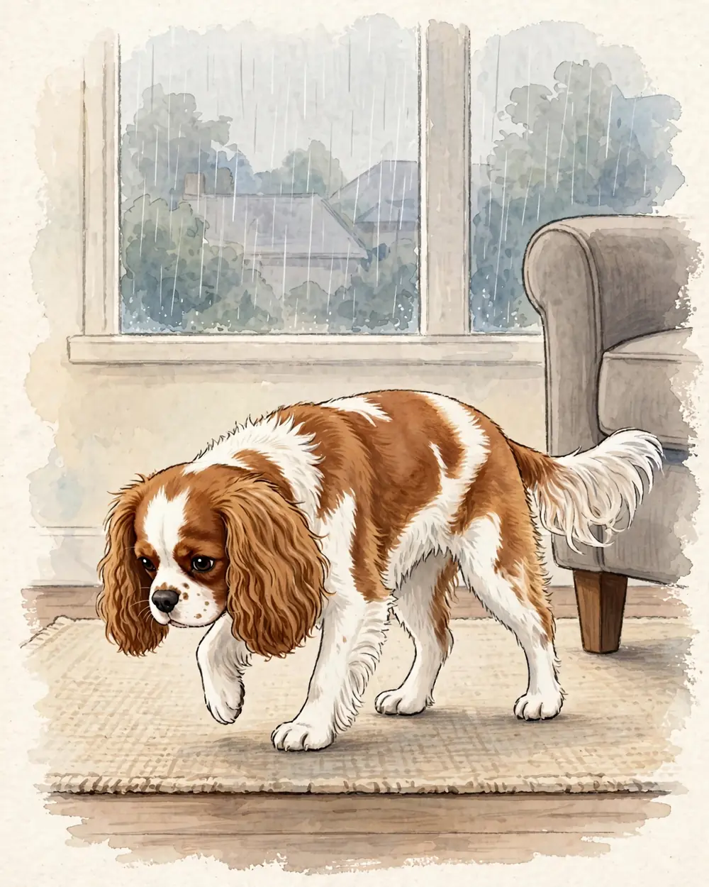 A quiet living room on a rainy afternoon, grey light from a window streaked with rain. Clementine walks slowly along the edge of a plain rug beside the legs of an armchair, nose to the floor, one front paw lifted mid-step.
