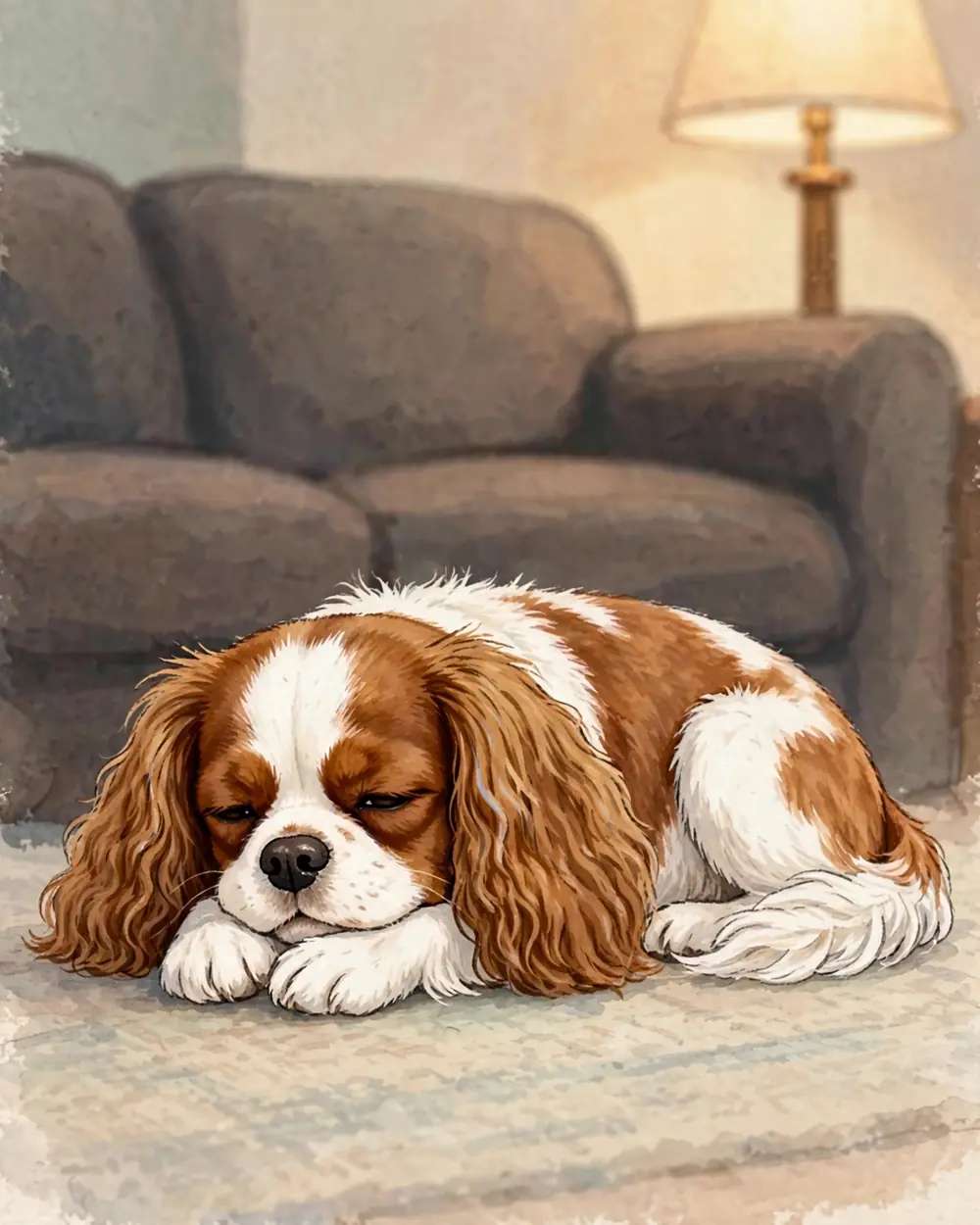 Evening, one warm lamp. Clementine lies curled on a soft plain rug in front of a sofa, warm lamplight on her coat, drowsy.