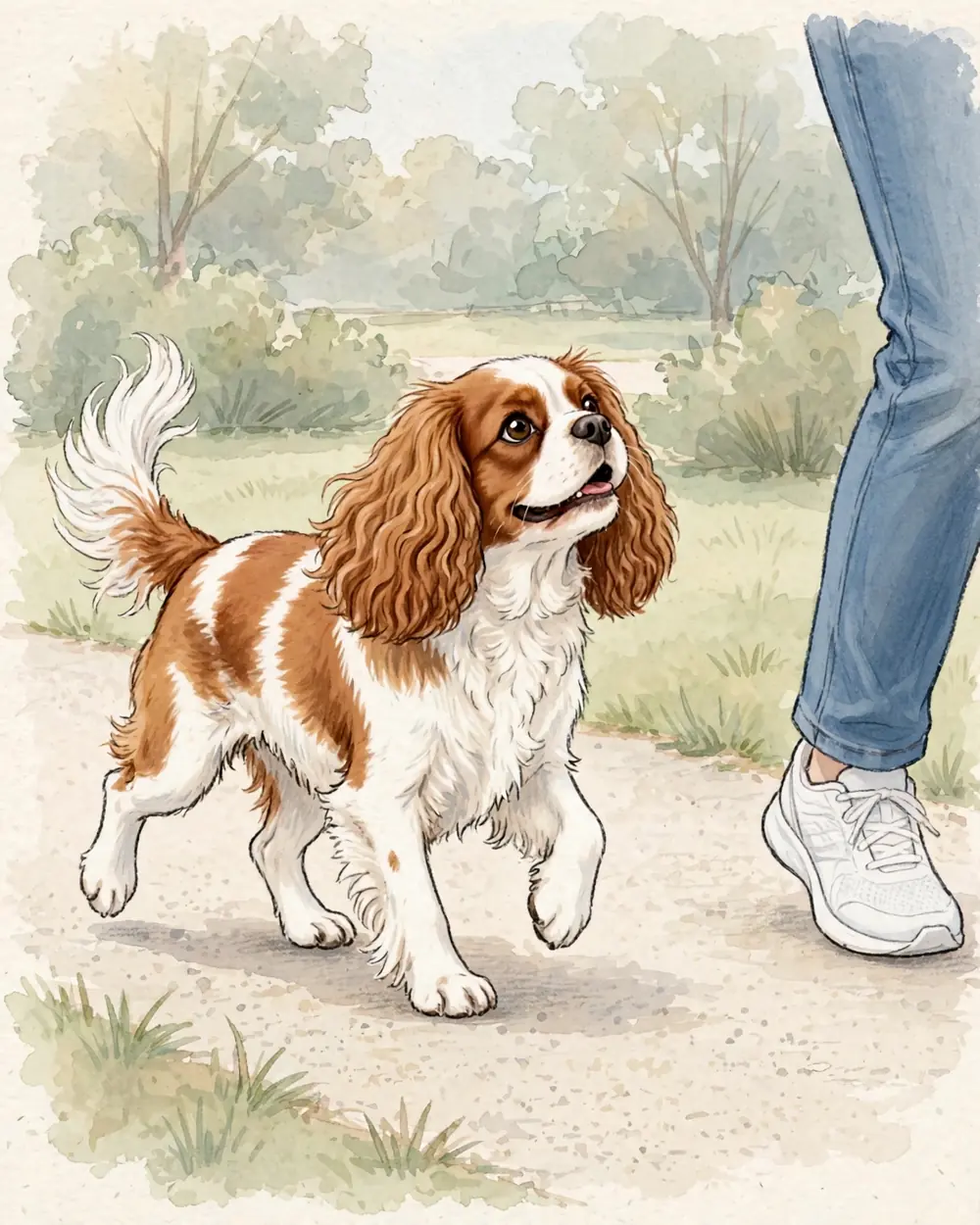 A sunny park path of pale gravel between soft grass verges. Seen from the side: Clementine, on the left, trots eagerly along the path toward the right, head up, tail up and feathered; on the right, a passer-by walks toward her from the other direction, facing her.