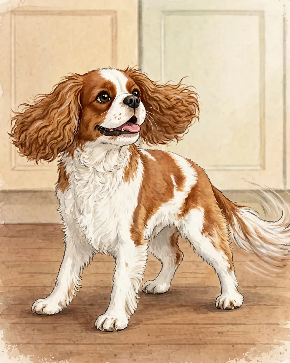A plain warm kitchen with a wooden floor. Clementine stands on the floor, her whole back end swung to one side mid-wiggle and her feathered tail sweeping low over the floorboards, a soft motion blur on the tail tip only.