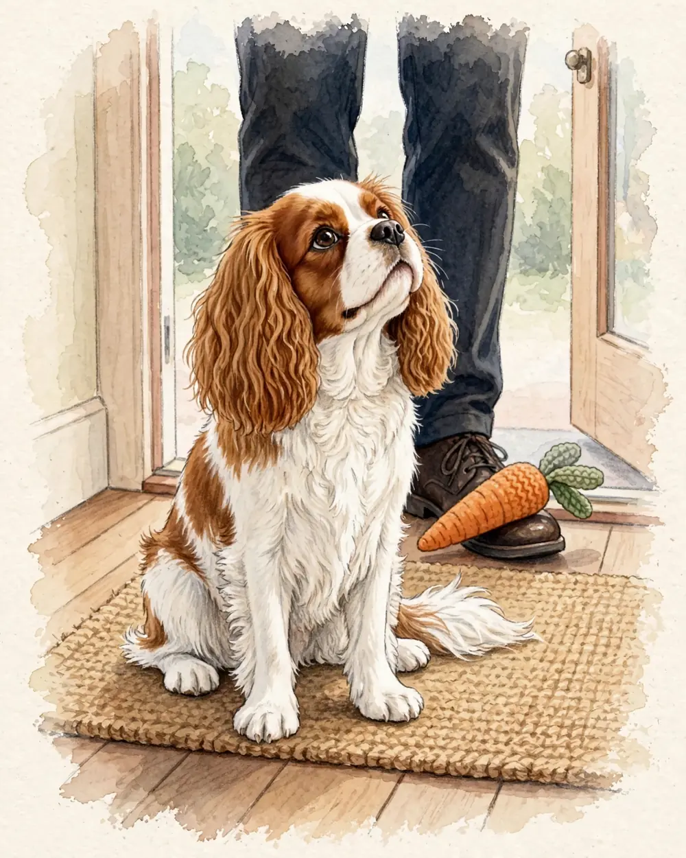 Just inside a front door, a plain doormat on a wooden floor, soft daylight from the open door. On one of the person's shoes lies her toy: a soft stuffed toy carrot hand-knitted from orange wool, plump and rounded, visibly knitted, with knitted leaves, one leaf in a different green wool — a dog's plaything, not a vegetable. Clementine sits in front of the shoes looking up.