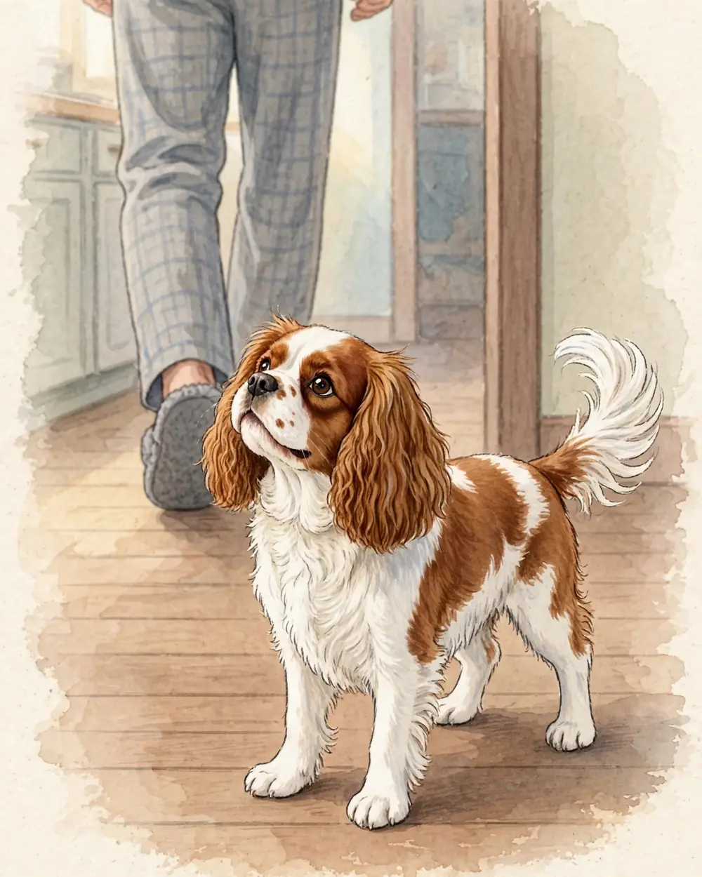 Early morning light in a plain kitchen doorway, a wooden floor. A man walks ahead into the kitchen; Clementine follows close behind his heels, tail up and wagging.