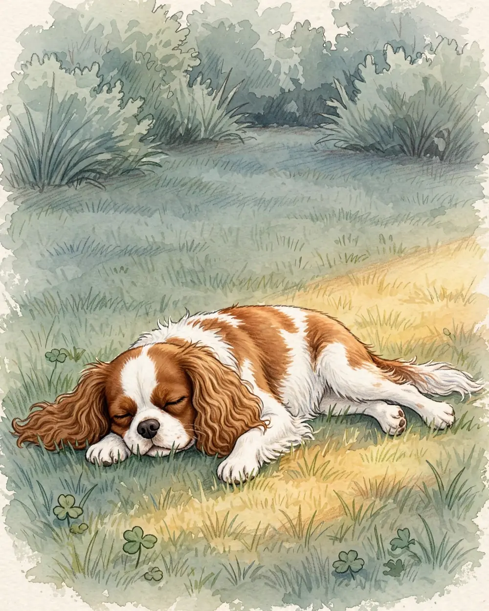 A lawn in the late afternoon, mostly in soft cool shade, with one warm golden patch of sunlight lying across it. Clementine lies stretched out inside the sunny patch.