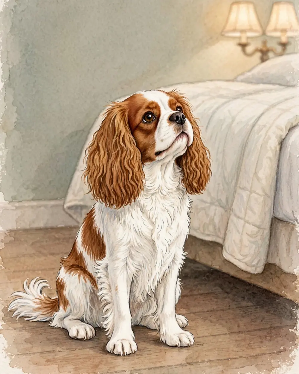 Night, warm bedside lamplight. Clementine sits on the floor beside the foot of a bed with a soft pale quilt, looking up at it, waiting.