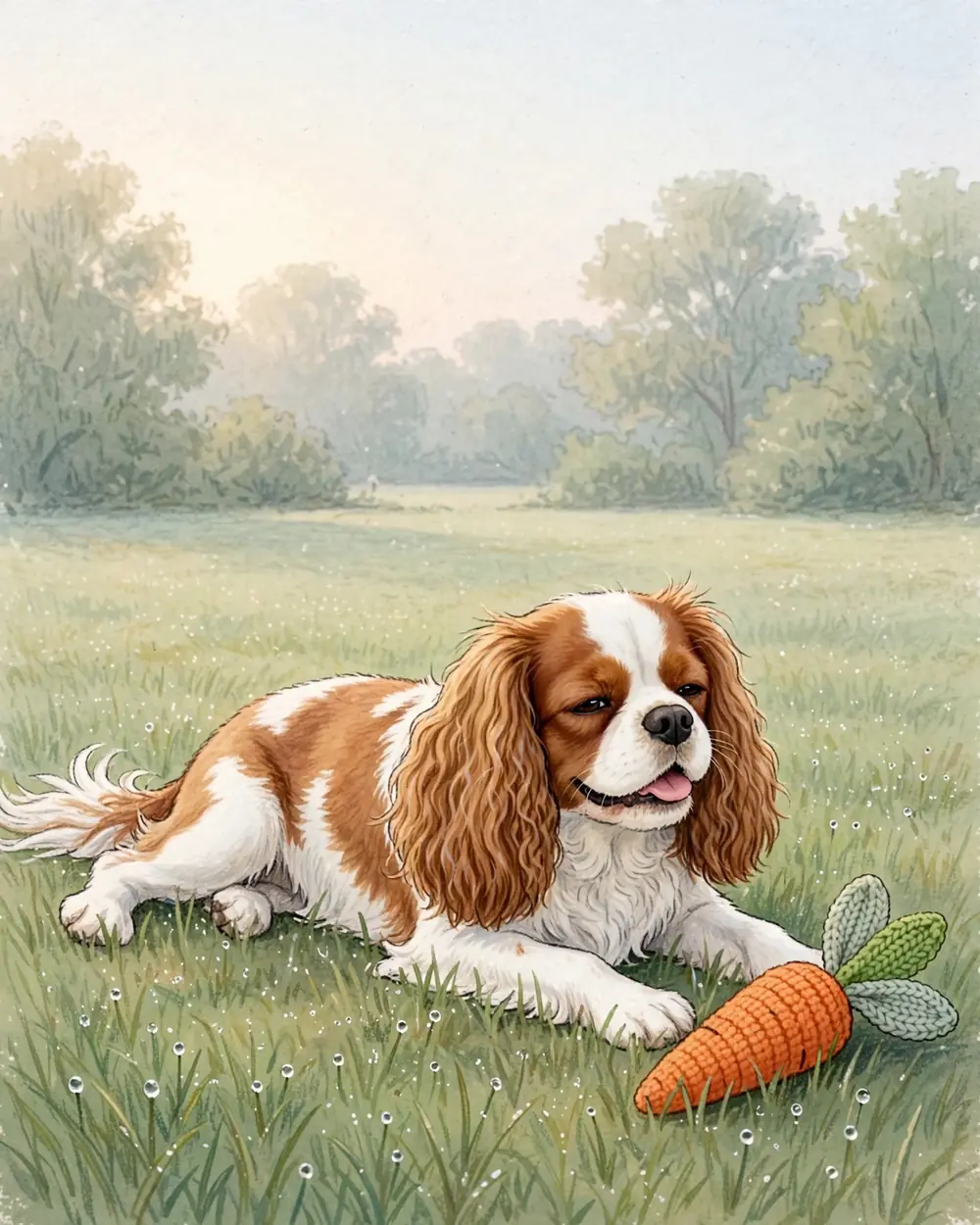 Early morning on a big lawn, the grass silver with dew, soft sunrise light. Clementine lies flopped on her side in the sun; beside her lies her toy: a plump, rounded, soft stuffed toy carrot hand-knitted from orange wool, visibly knitted, with knitted green leaves, one of the leaves in a different, brighter green wool — a dog's plaything, not a vegetable.