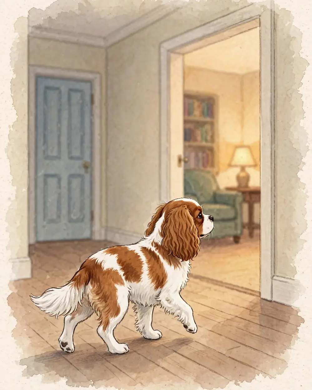 Evening in a hallway. Behind Clementine, a closed front door stands quiet in the soft dark. She walks away from it toward an open doorway ahead, where warm lamplight spills from a living room.