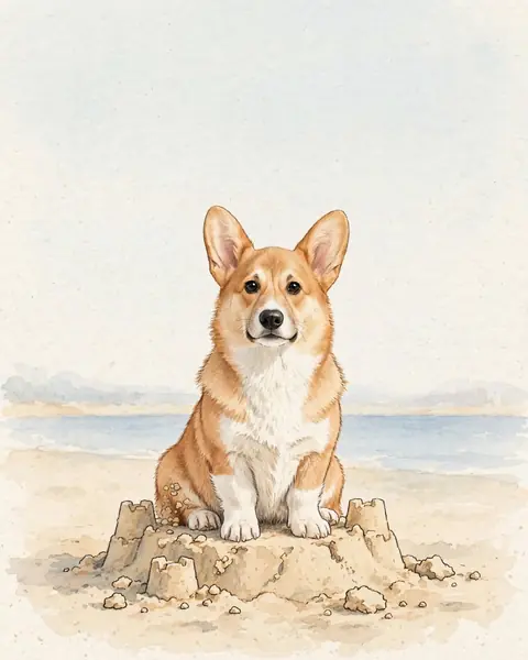 A bright beach on a fresh May morning. Pickle sits squarely on top of a small, slightly squashed child-built sandcastle, sand stuck to his fluffy rump. Behind him, low and soft, pale sand and a thin band of gentle blue sea.