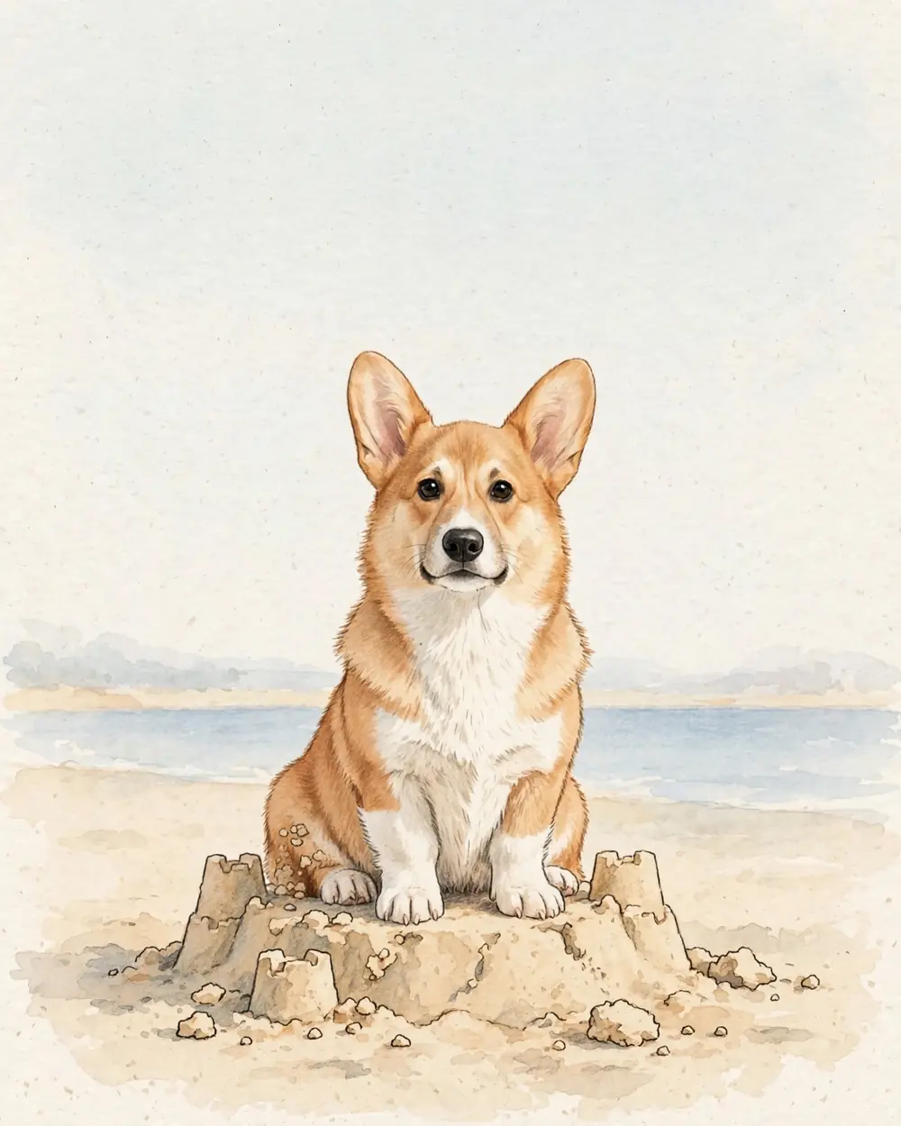 A bright beach on a fresh May morning. Pickle sits squarely on top of a small, slightly squashed child-built sandcastle, sand stuck to his fluffy rump. Behind him, low and soft, pale sand and a thin band of gentle blue sea.