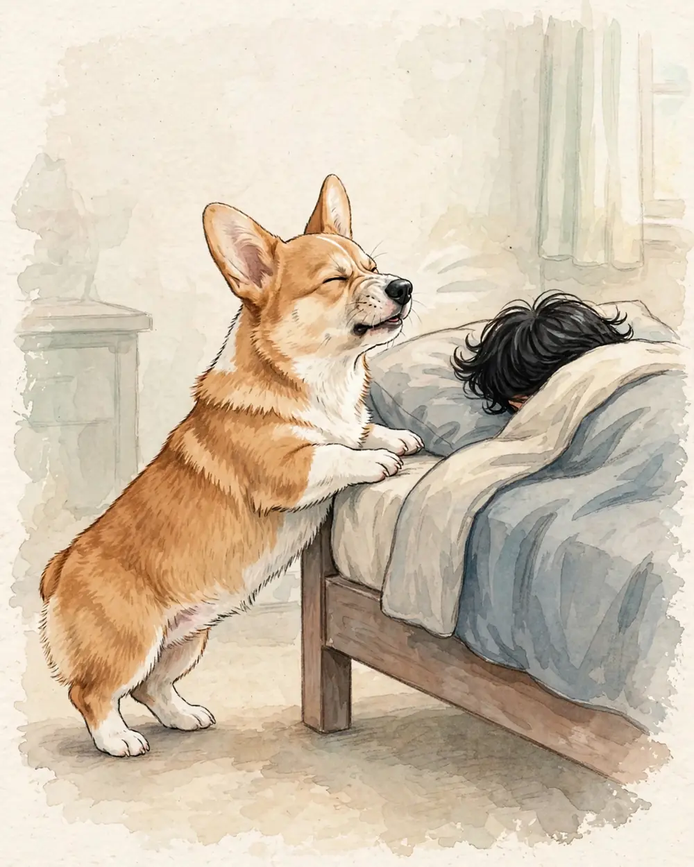 Early morning light in a child's bedroom. Pickle stands on his hind legs with his front paws on the edge of a low bed. On the pillow, a sleeping child is seen only as a tumble of dark hair and a rounded shape under a soft duvet, face turned away and hidden.