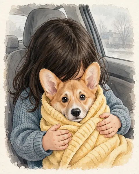 The back seat of a car on a grey December day, soft light through the side window. A tiny eight-week-old Pickle, the same markings as on the sheet but much smaller and rounder, is bundled in a soft yellow dressing gown on a child's lap; only the child's arms in a knitted jumper hold the bundle.