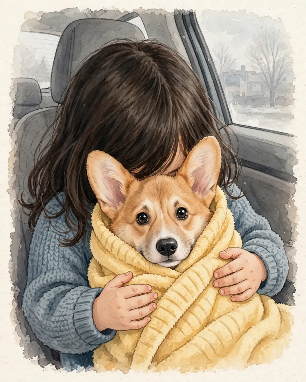 The back seat of a car on a grey December day, soft light through the side window. A tiny eight-week-old Pickle, the same markings as on the sheet but much smaller and rounder, is bundled in a soft yellow dressing gown on a child's lap; only the child's arms in a knitted jumper hold the bundle.