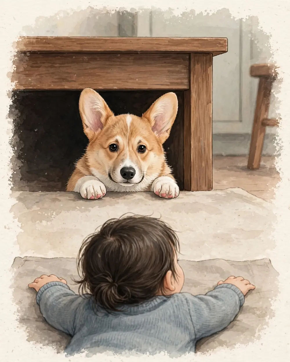 A kitchen in winter. Under a wooden kitchen table, in its shadow, a tiny eight-week-old Pickle (much smaller than on the sheet, same markings) edges his nose and front paws out. In the foreground a child lies flat on her tummy on the floor facing the table, seen from behind: only the back of her head with dark hair, her shoulders and arms.