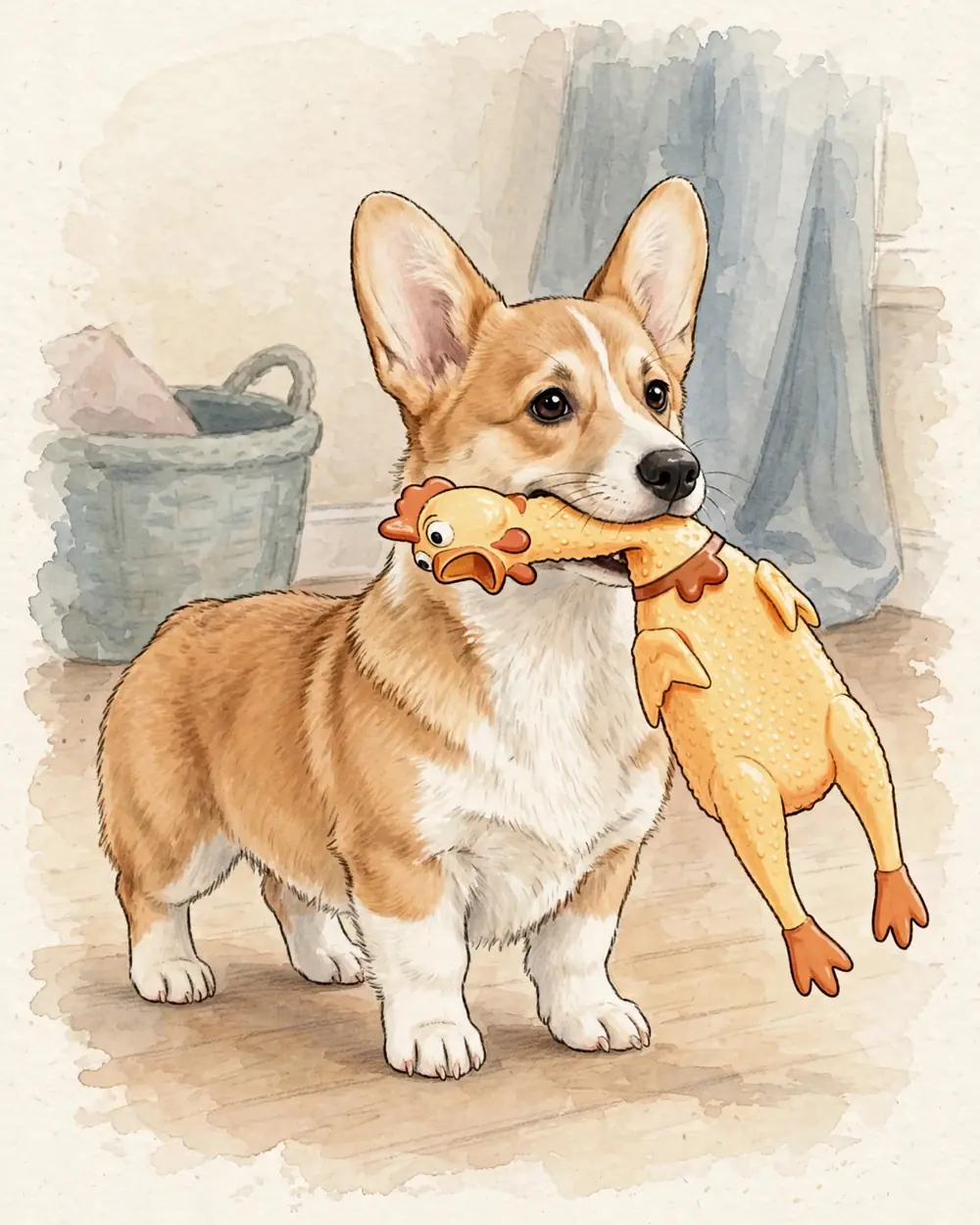 A living room floor. Pickle stands holding a classic squeaky rubber chicken toy in his mouth; the rubber chicken is long and floppy and clearly bigger than his head, its legs dangling.