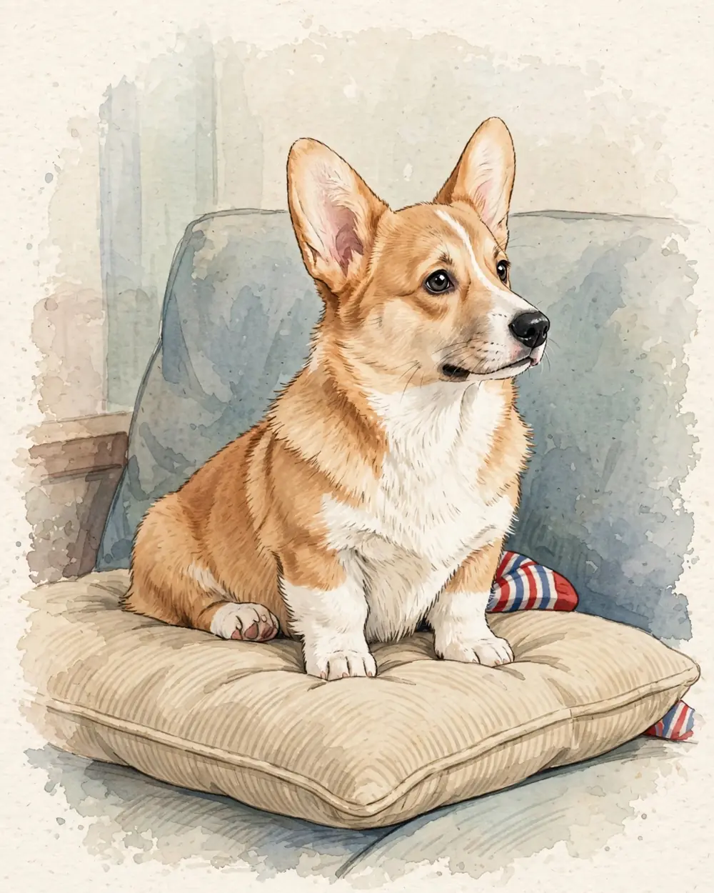 Pickle sits on a sofa cushion. Poking out from under the cushion right behind him is the end of a red-and-blue striped sock.