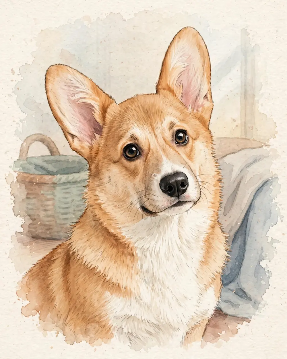A plain soft background. A close portrait of Pickle's head and chest, his two very large upright ears filling the top of the frame.