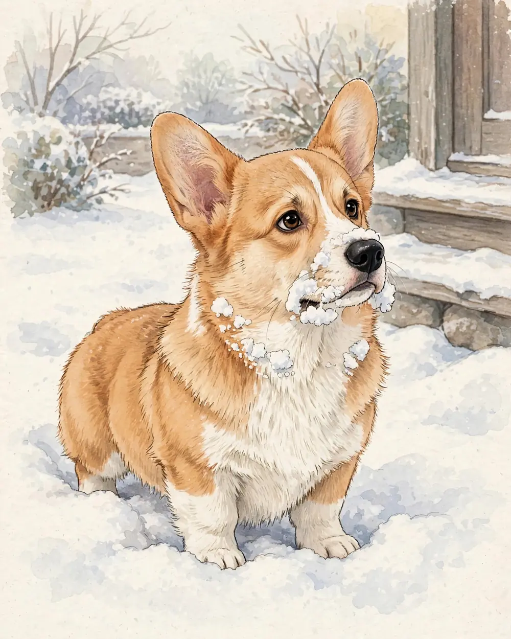A small back garden under fresh deep snow on a January day, soft white light. Pickle stands in the snow just below a low back doorstep, snow up to his chest, a clump of snow on his chin like a beard.