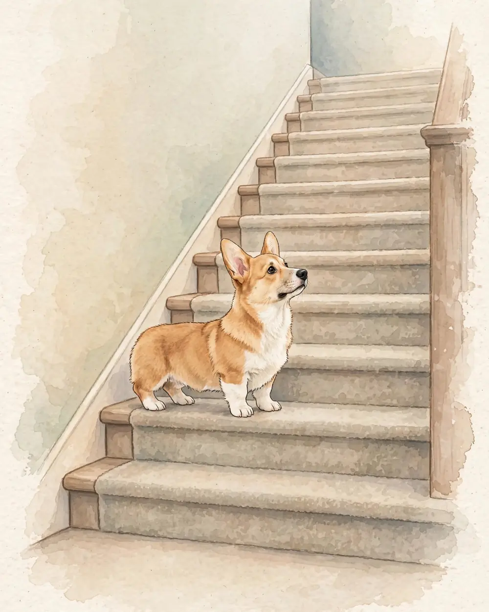 A carpeted staircase in a house. Pickle stands with ALL FOUR PAWS on a step partway up the staircase: three steps below him lead down to the hall floor, and many more steps rise above him. Each step is nearly as tall as his legs are long.