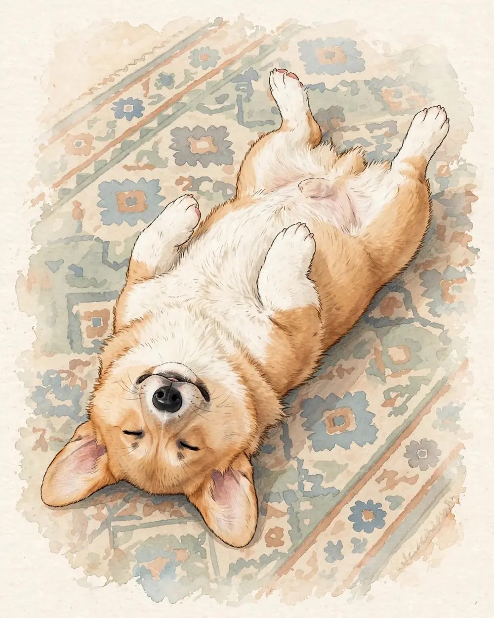 A soft patterned living-room rug. Pickle lies on his back on the rug, all four legs in the air, completely floppy.