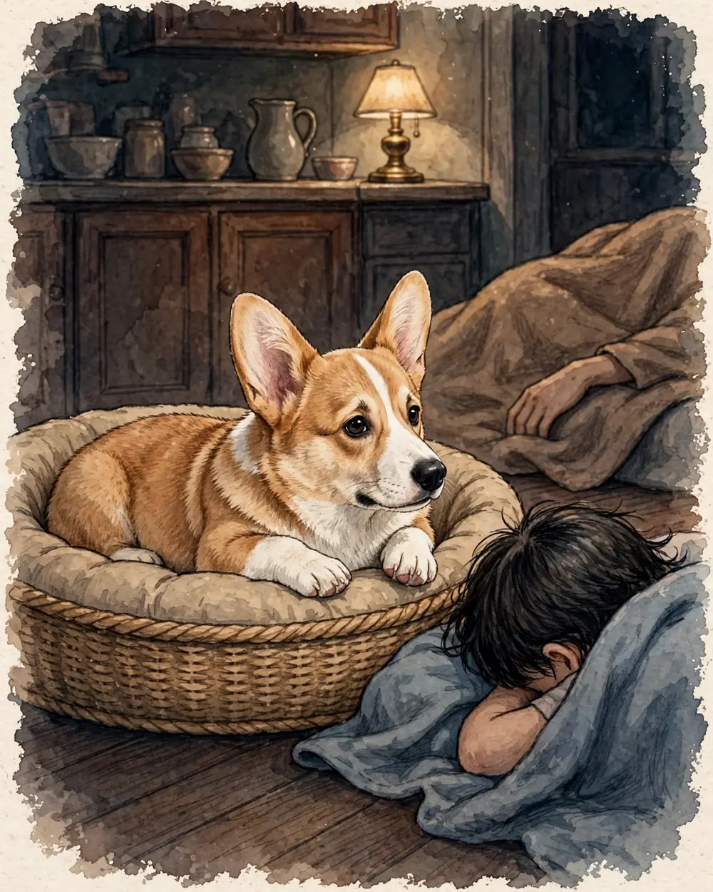 A dark kitchen at night lit only by one small warm lamp. Pickle lies in a round dog bed on the floor. Beside the bed, a child sleeps curled on the floor under a blanket, seen from behind, only dark hair showing. Behind her, an adult lies on the floor too, only a long shape under a blanket and one arm.