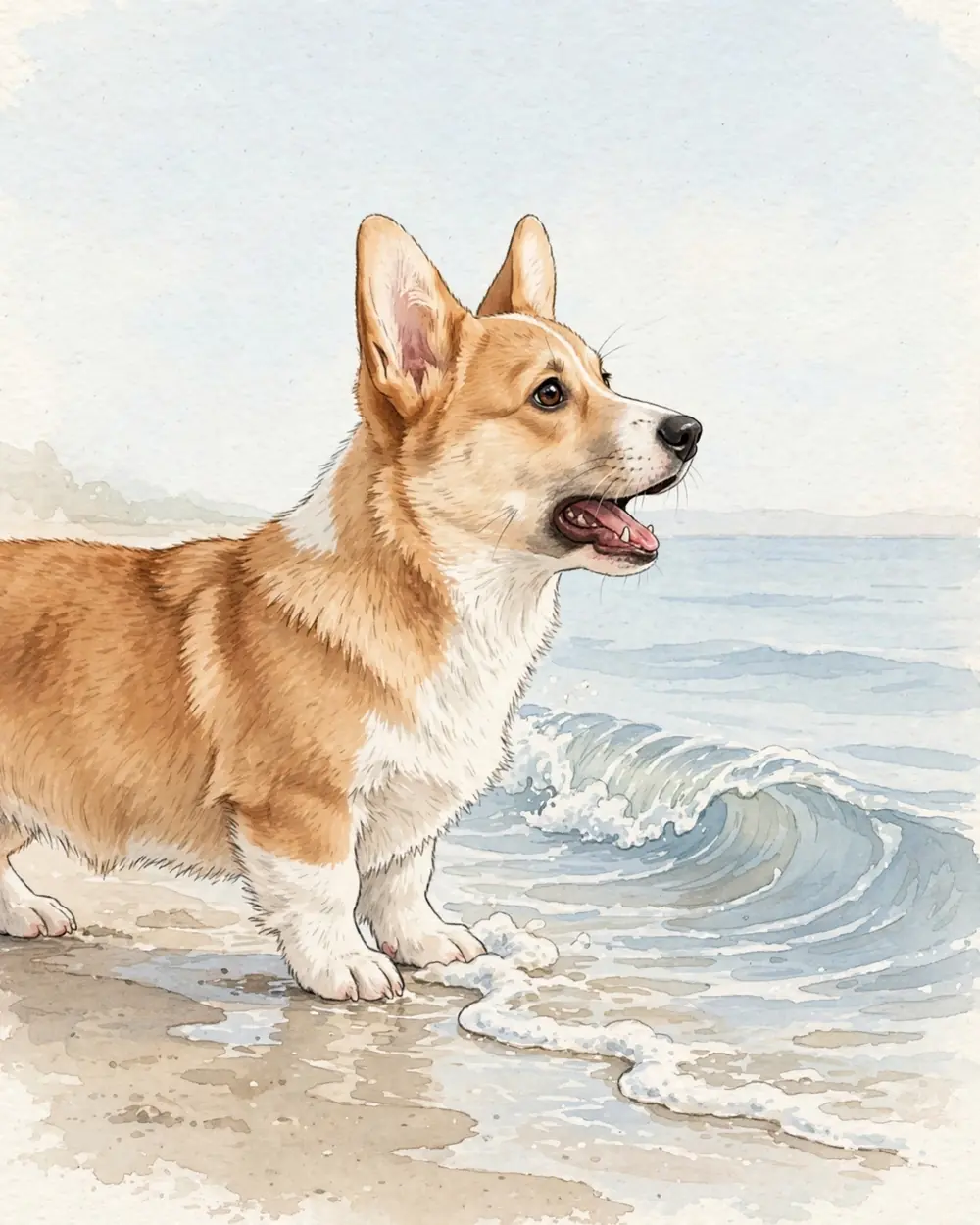 A wide sandy beach in May, bright fresh light. A small gentle wave curls in, its foam reaching toward Pickle's front paws.