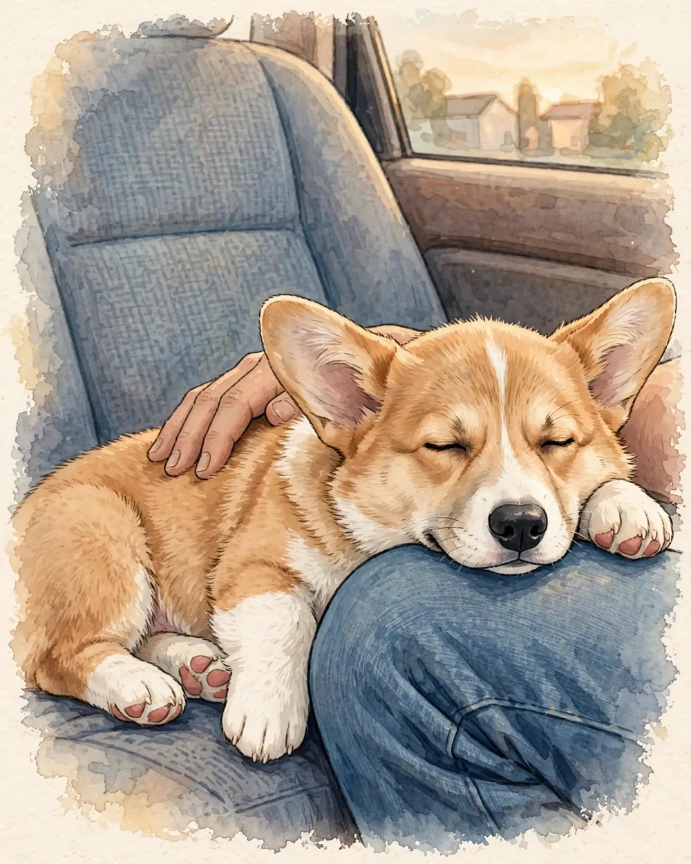 The back seat of a car in warm late-afternoon light. Pickle lies asleep along the seat with his sandy head resting on a man's knee in jeans. Only the man's knee, thigh and one large hand resting gently on Pickle's back are in frame.