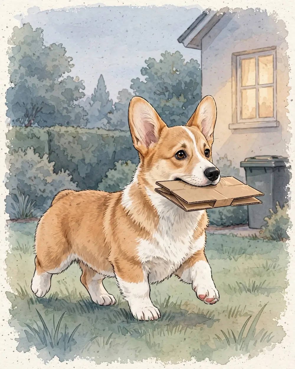A small back garden at dusk, blue evening light and one warm glow from the house. Pickle trots across the lawn carrying a small empty cardboard box in his mouth. In the background, softly, a recycling bin by the house.