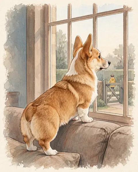 A living-room window in the afternoon. Pickle stands on the back of a sofa, nose to the glass. Outside, far and soft, a garden gate, and at it a small figure in a bright yellow coat, too far to have a face.