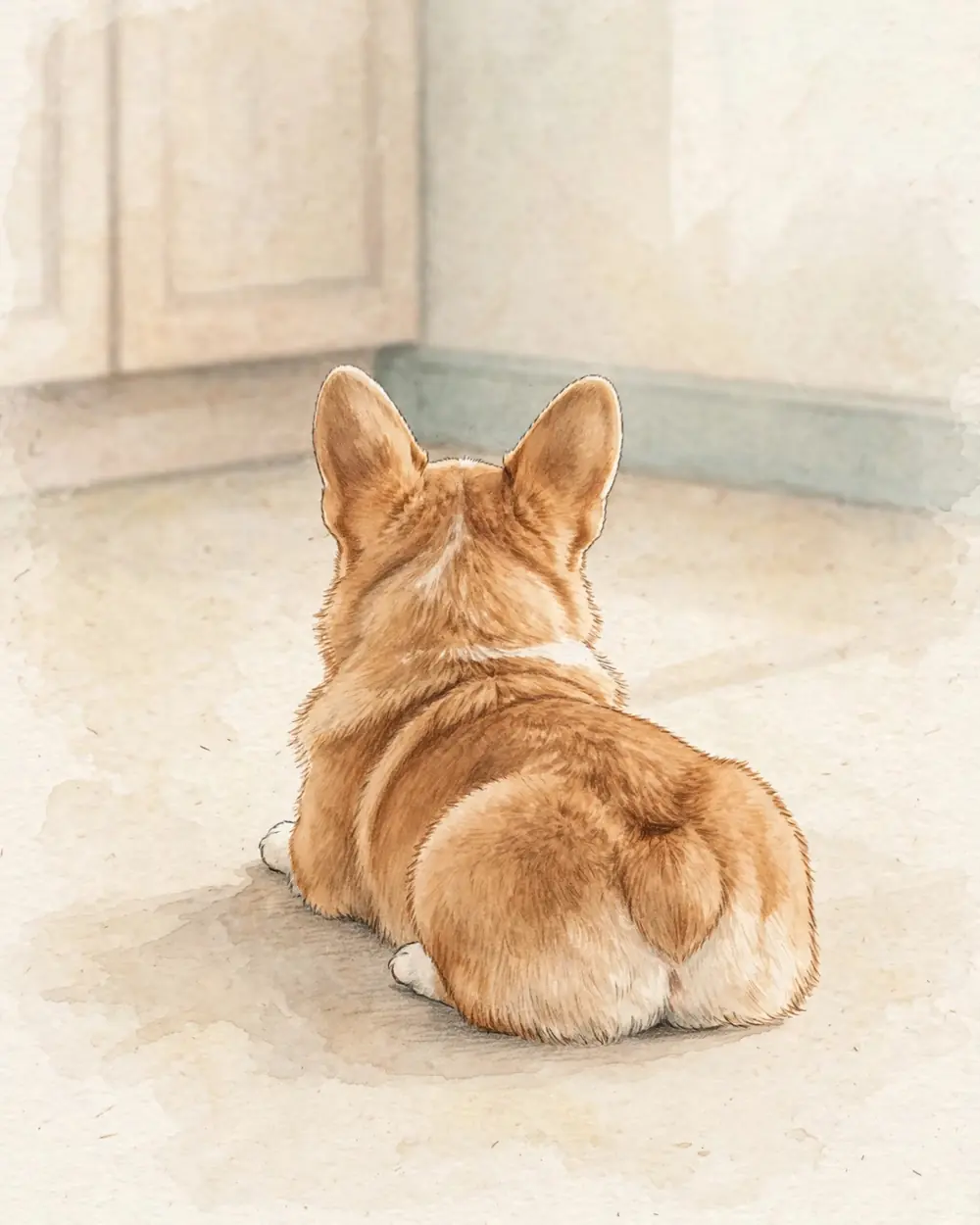 A plain kitchen floor in soft daylight. Pickle lies down on his tummy, seen from DIRECTLY behind, his face turned away from the viewer so that only the back of his head and his two large upright ears show: a round, fluffy, loaf-shaped back and rump, his paws tucked under him, no paw pads visible.