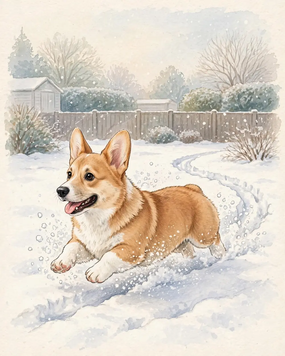 A small back garden under deep fresh snow on a January day, soft white light. Pickle races through the snow, snow spraying up around his chest; behind him a winding trench-like trail ploughed through the snow.