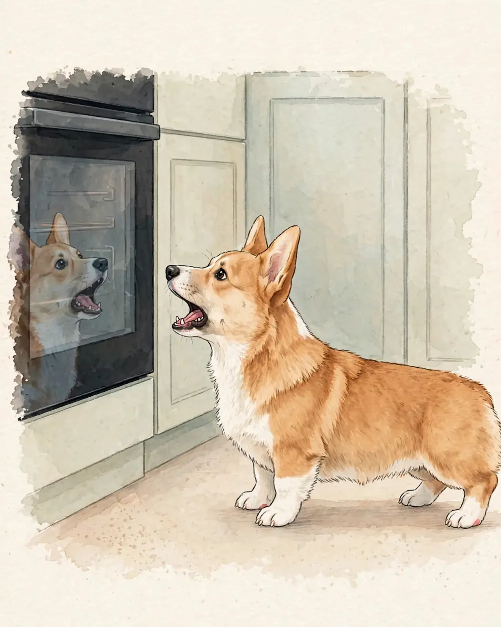 A plain kitchen. Pickle stands braced on the floor in front of a closed oven with a dark glass door at floor level, barking at it. In the dark glass, a faint soft reflection of him shows, dim and blurred.