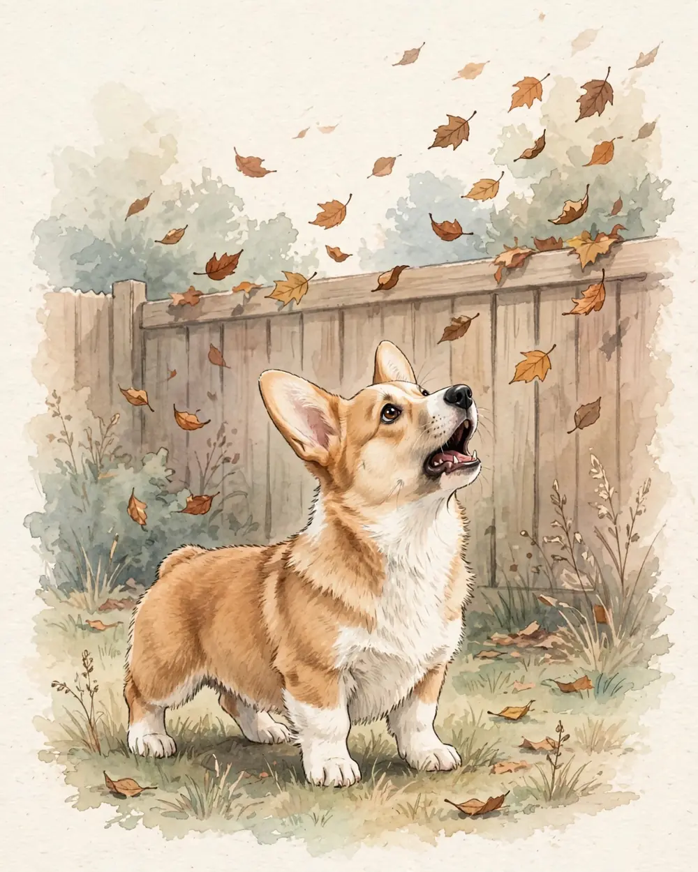 A small back garden in autumn. Pickle stands at the foot of a plain wooden garden fence, barking up at it. A few dry autumn leaves blow over the top of the fence from the other side.