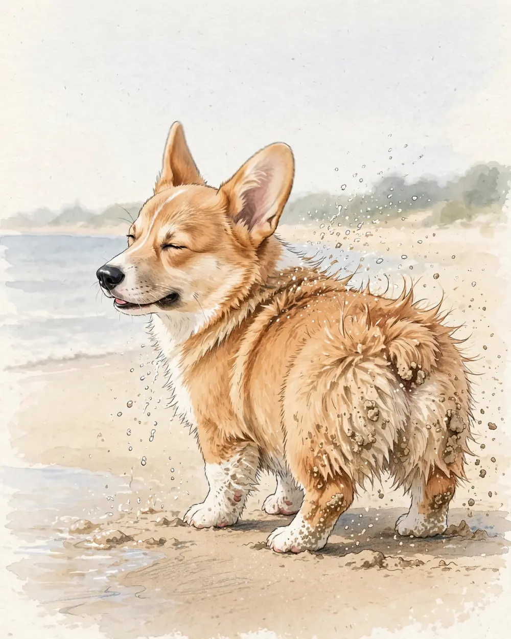 A sandy beach in bright May light. Pickle stands on the damp sand shaking himself, a spray of water drops flying off his coat; wet sand clings to his fluffy rump.