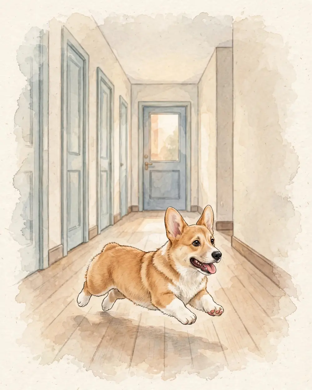 A plain hallway in afternoon light, a front door at the far end. Pickle runs at full speed along the hallway floor toward the door, his short legs stretched out mid-stride.