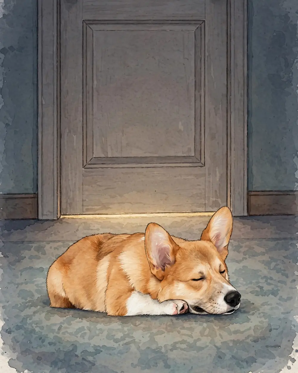 Night on an upstairs landing. Pickle lies curled asleep on the carpet right against a closed bedroom door; a thin line of soft warm light shows under the door.